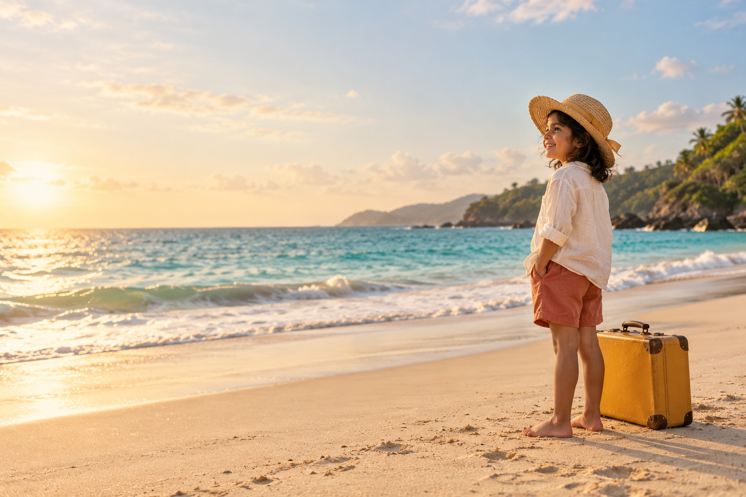 Original photographic-style image of a child in a sunhat beside a yellow suitcase on a sunlit tropical beach